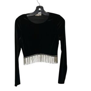 BEAR DANCE velvet crop top with rhinestone fringe . Black,like new!